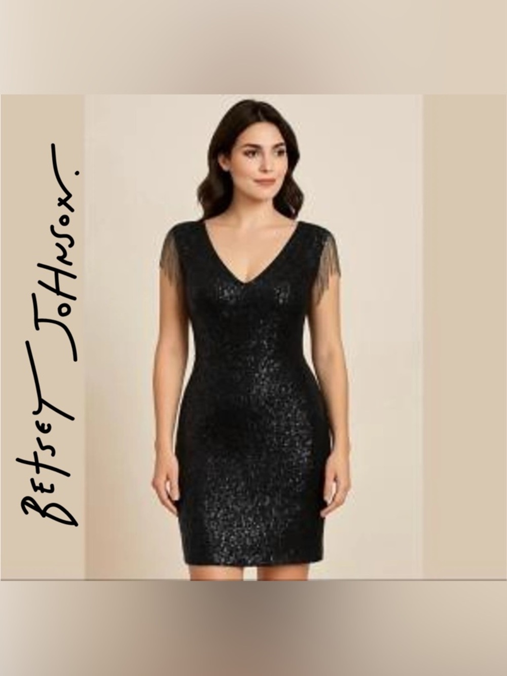 Betsey Johnson Black Sequin V-Neck Mini Dress with Fringe Cap Sleeves